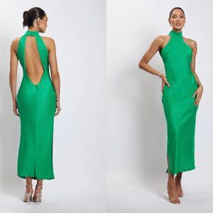 Meshki CLAIRE Satin Drape Back Maxi Dress with Split - Green Size S